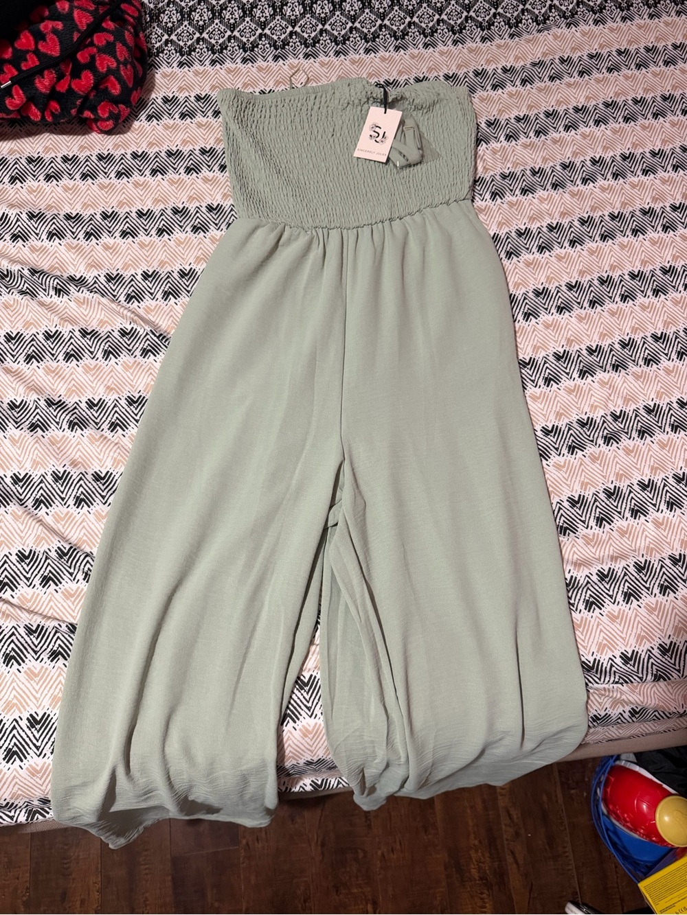Sincerely Jules Smocked Strapless Jumpsuit in Sage